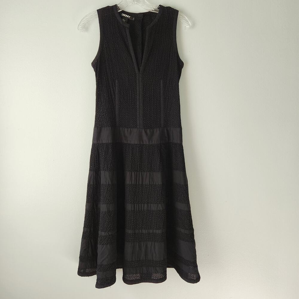 DKNY Dress Womens 2 Black Mesh Fit & Flare Midi 90's Grunge Whimsigoth Romantic